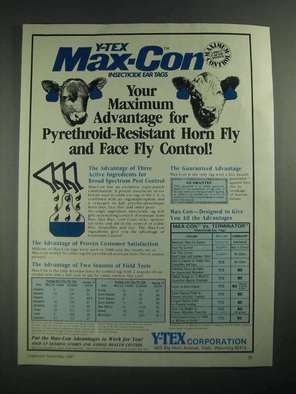 1987 Y-Tex Max-Con insecticide ear tags Ad - Horn Fly
