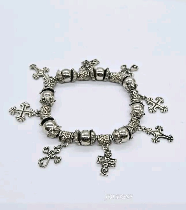 CROSS Statement STRETCH Bracelet Silver tone Dangle Beaded One Size