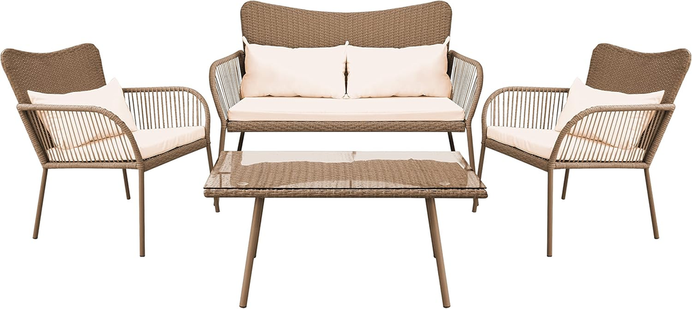 4 Piece Conversation/Chat Set, Outdoor Living Rattan Furniture, Includes 1 Doubl