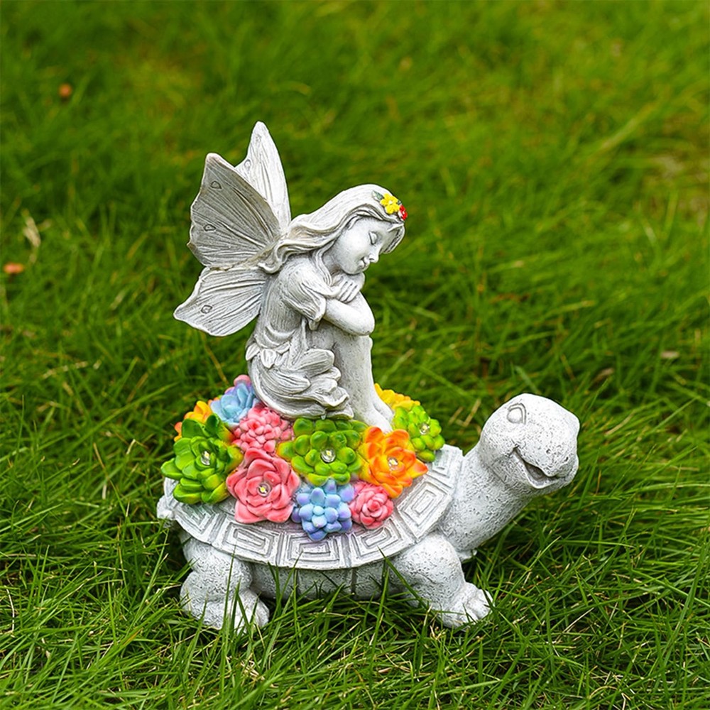 Turtle and Flower Fairy Garden Statue with Succulent Outdoor Decor