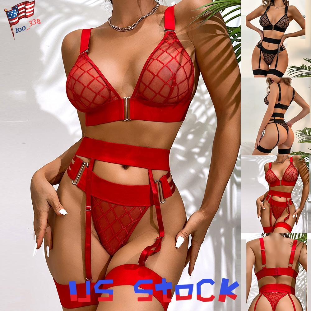 Sexy Lace Cami Bra Set with Suspender and Thong for Women