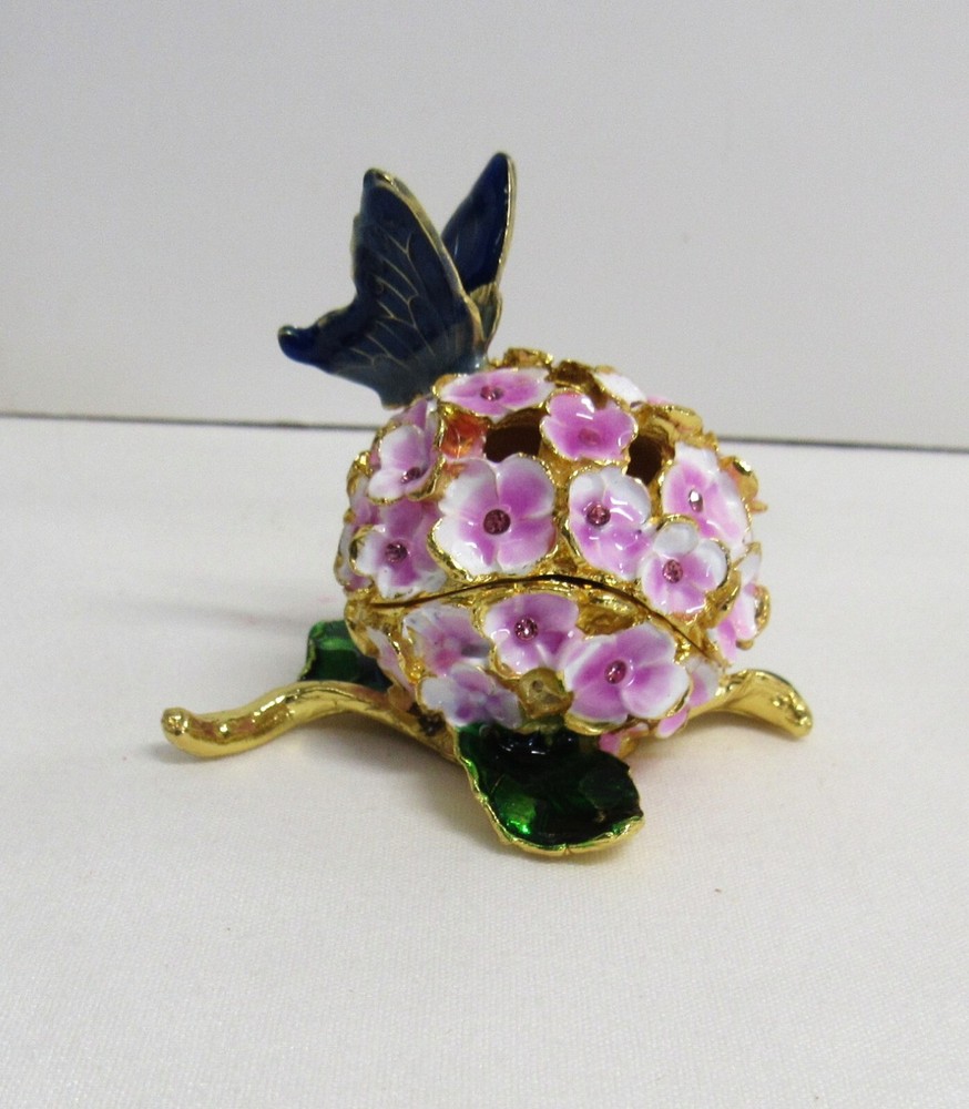 Jeweled Butterfly Flower Enamel Rhinestone Hinged Trinket Box in Excellent Condition