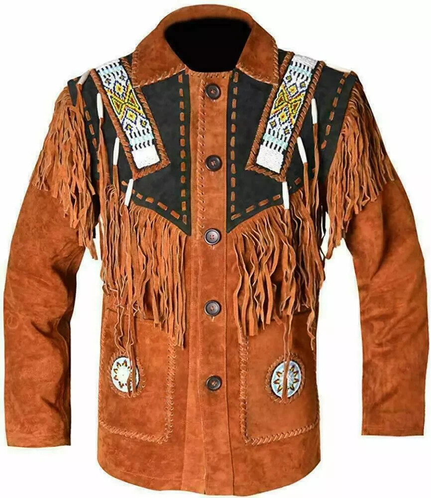 New Handmad Men Suede Western Style Cowboy Leather Jacket Fringe & Bead Work