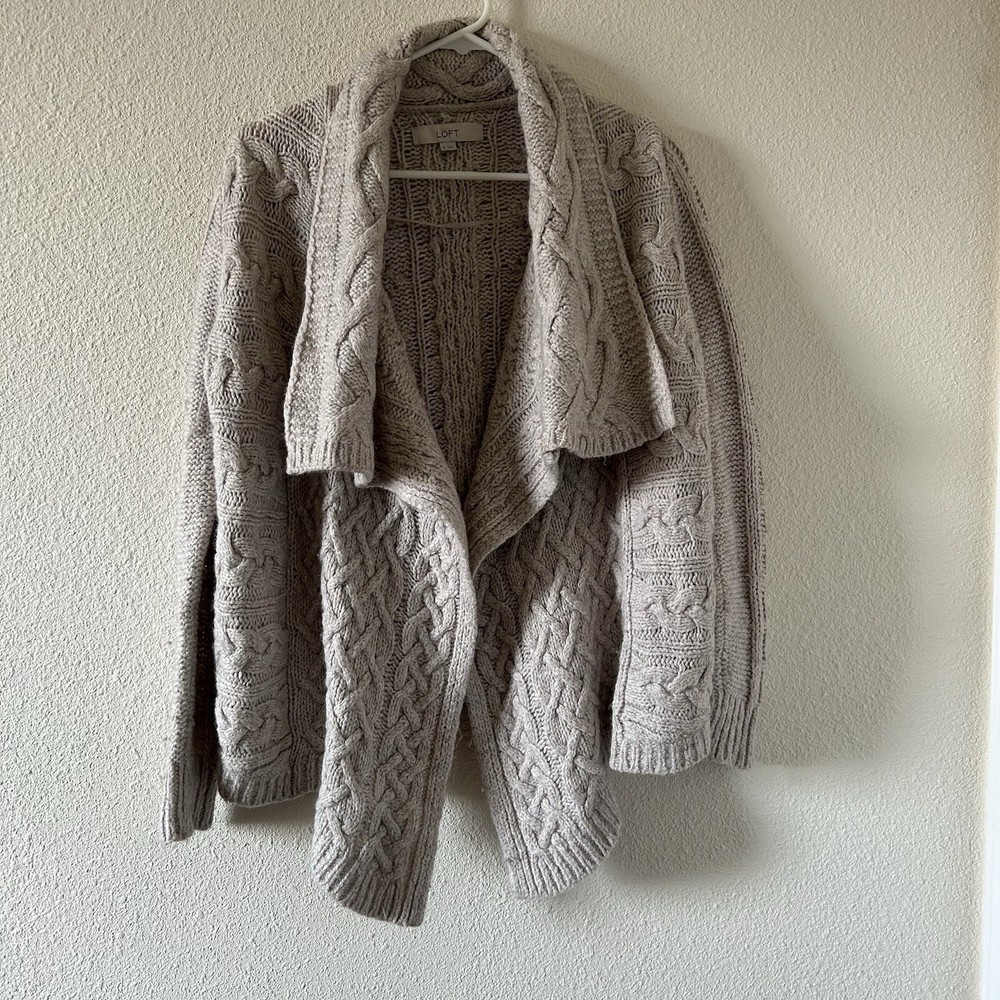 Loft Women’s Mixed Knit Wool Blend Cadigan Small Grayish Beige Waterfall Front