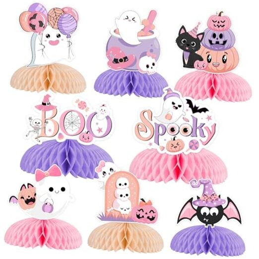 Pink Purple Halloween Honeycomb Decorations Set - 8pc Party Decor for Girls  