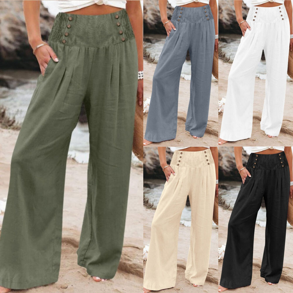 Women Cotton Linen Wide Leg Trousers Elasticated Waist Casual Long Pants Ho