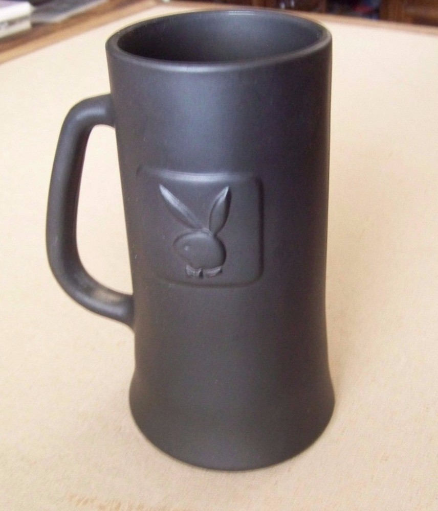 Playboy Bunny logo black glass handled mug tankard stein 6.4