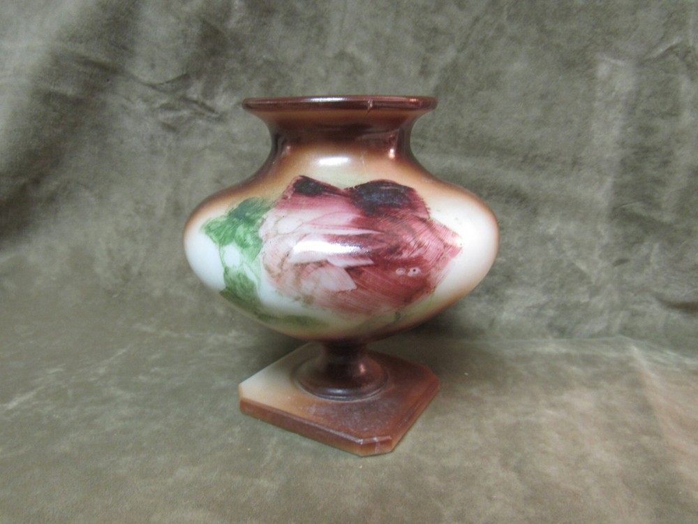 1920s Westmoreland Milk Glass Vase with Airbrushed Brown Rose Design