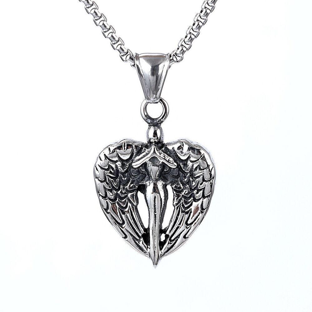 Stainless Steel Angel with Big Angel Wings Pendant Necklace Religion Jewelry