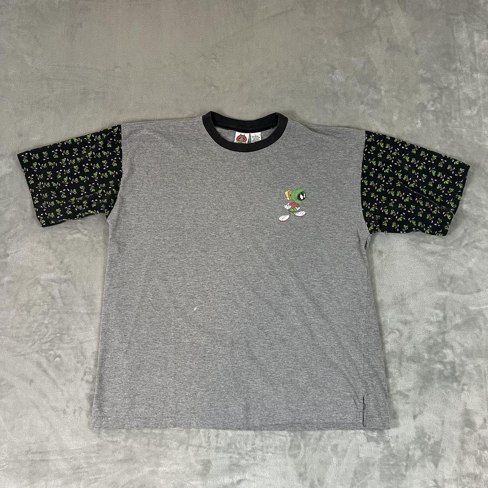 Vintage Looney Tunes Marvin the Martian Shirt Mens Large Gray Ringer Tee 90s