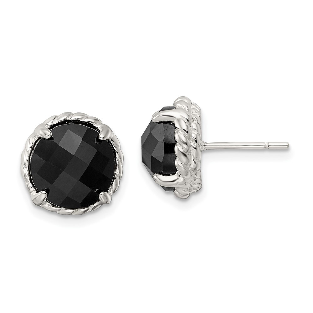 Sterling Silver Polished & Twisted Edge Round Onyx Post Stud Earrings 3.96gm