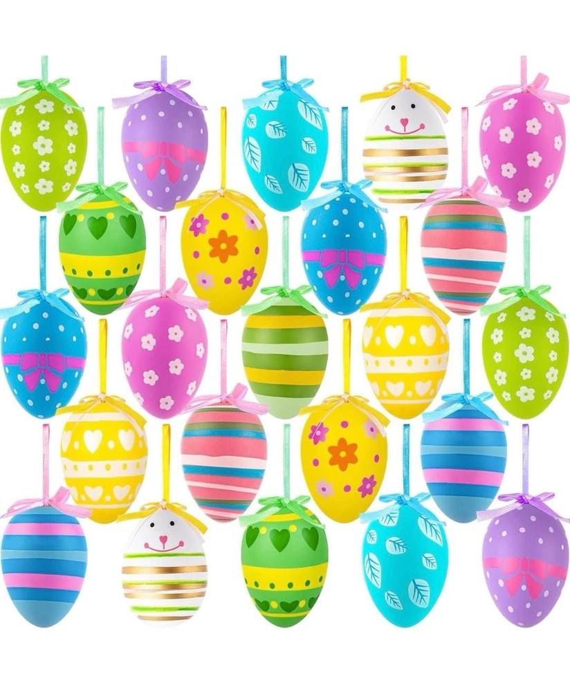 24 PCS Easter Hanging Eggs Ornaments Plastic Multicolored for Tree Decoration
