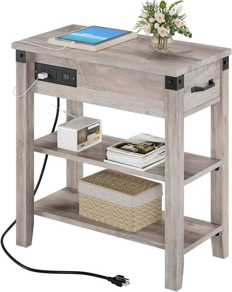 3-Tier Gray End Table with USB Charging Station and Drawer for Living Room Bedroom