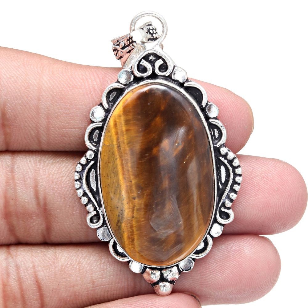 Tiger's Eye Gemstone Silver Pendant Handmade Mother's Day Jewelry 2.5 Inch