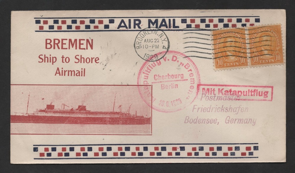 US 1929 TO GERMANY BREMEN SHIP TO SHORE AIR MAIL CATAPULT BROOKLYN, N.Y.