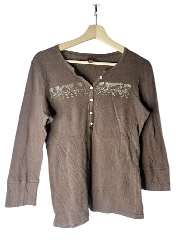 Hollister VTG Y2K Grunge Henley Brown Graphic Slim fit Button Front Top Metallic