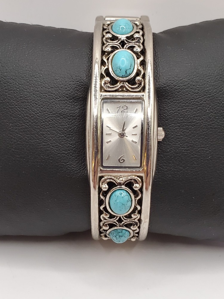 Ladies Cabochon Quartz Watch 18mm Width Silver Tone Metal Cuff Band