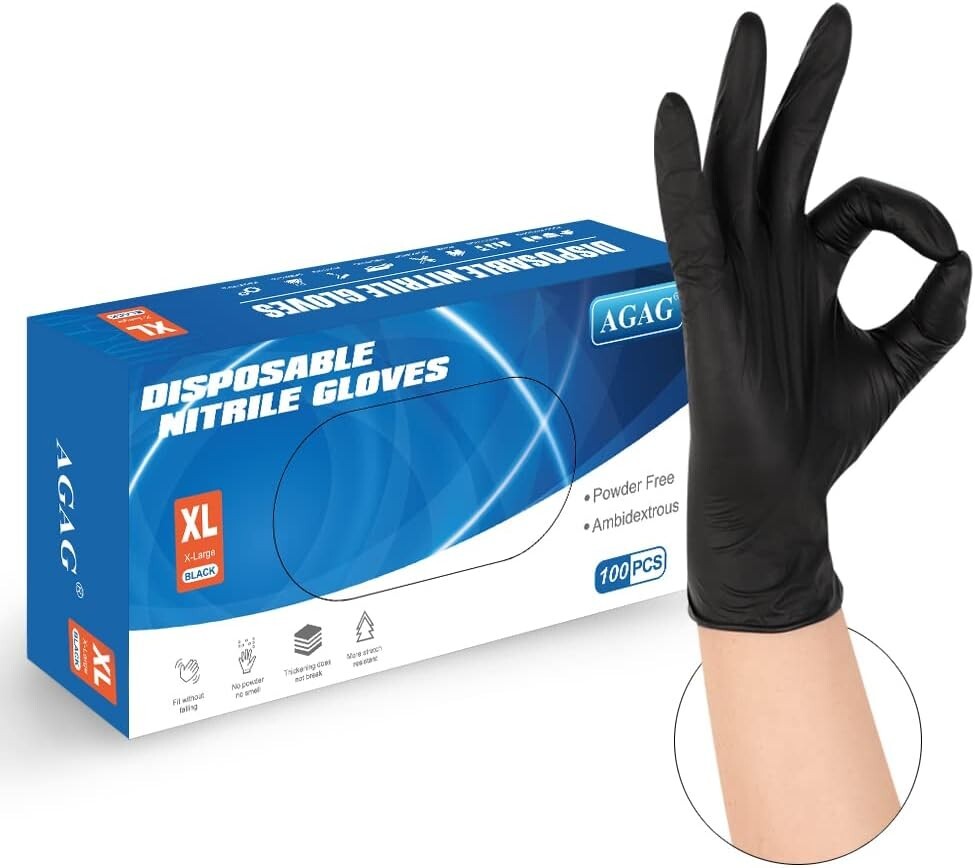 Nitrile Gloves Black 100PCs 5mil Ultra Strong for Cooking Cleaning and Protection