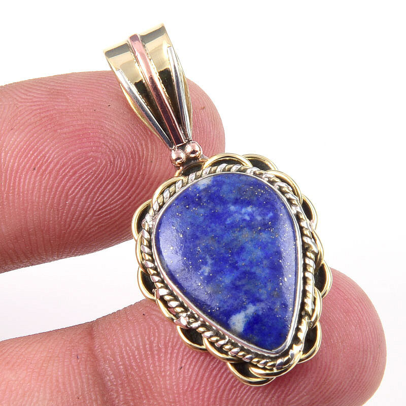 Natural Lapis Lazuli 925 Solid Sterling Silver TwoTone Gift Pendant 1.50