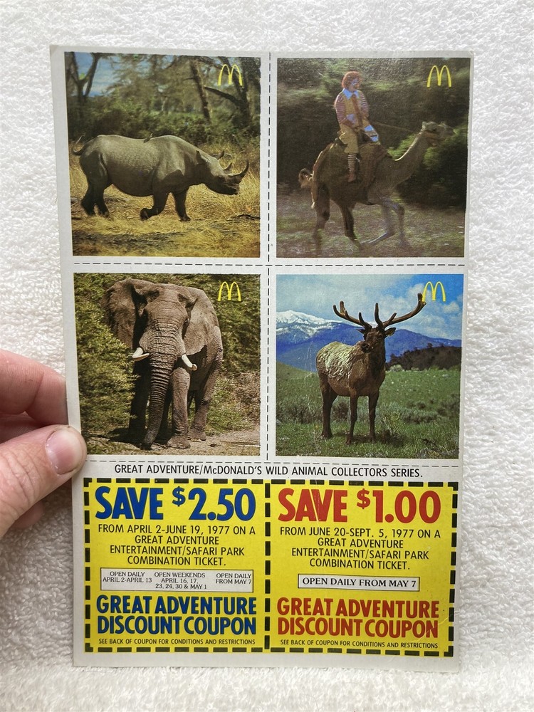 1977 McDonalds Great Adventure Coupon Card Jackson NJ Animal Trading Cards  Vtg-image