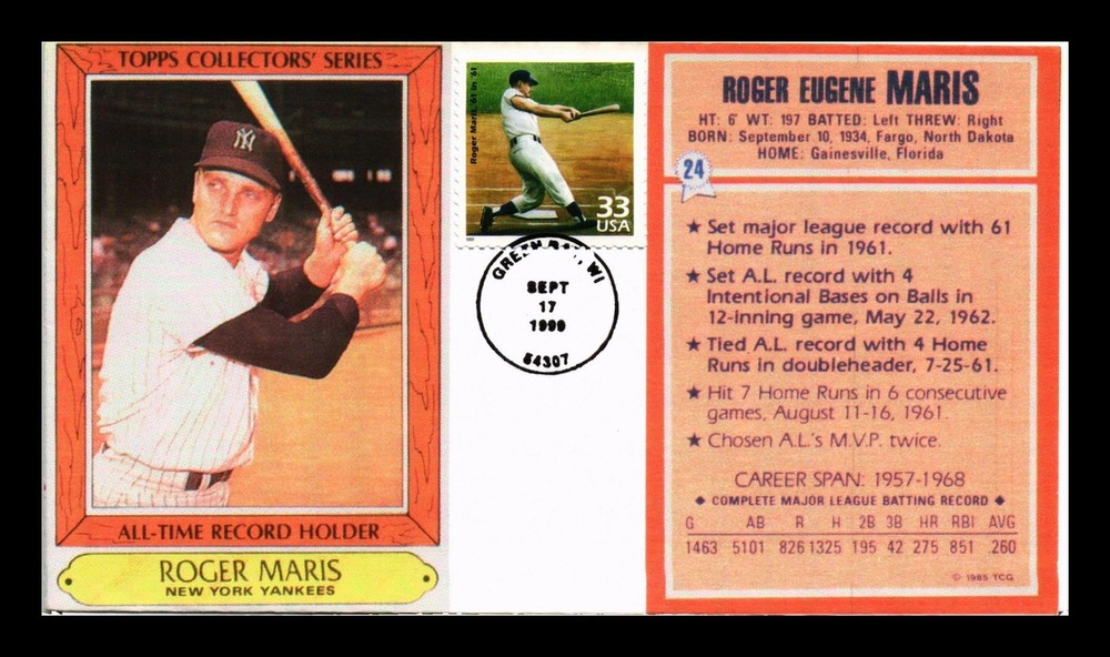 DR JIM STAMPS US COVER ROGER MARIS BASEBALL 61 IN 61 CELEBRATE CENTURY FDC