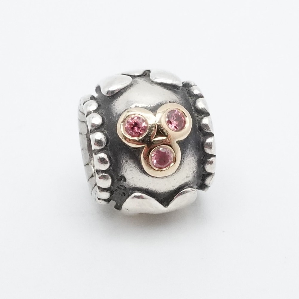 Authentic Pandora Sterling Silver & 14K Gold Mom Family w. Pink CZ Bead Charm