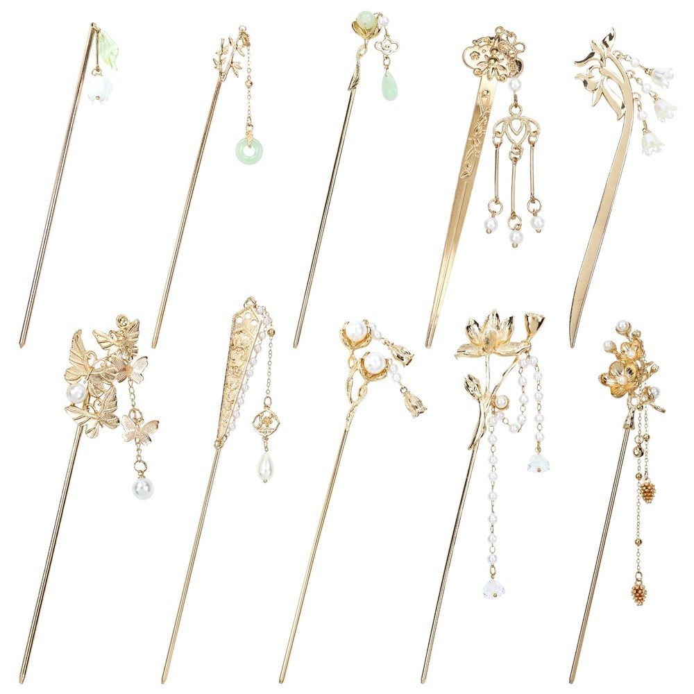 10 Retro Gold Metal Hair Sticks with Pearl Jade Dangles Tassel for Long Hair