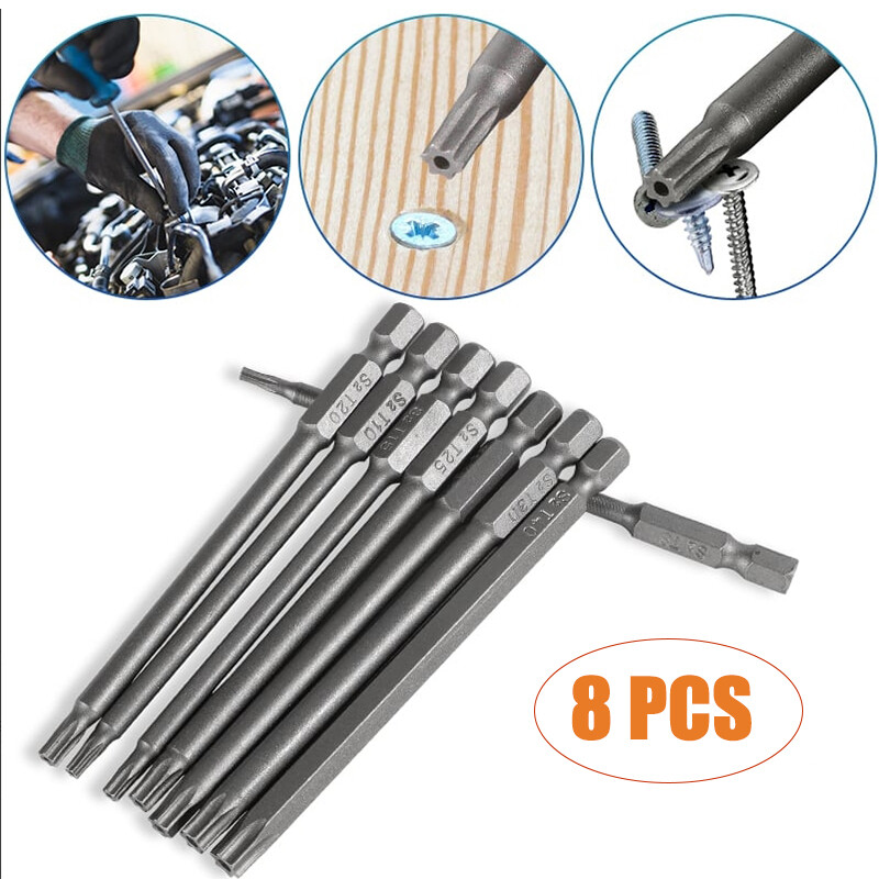 8PC Magnetic Torx Bit Set with 100mm Hex Security Shank for Screwdriver or Drill