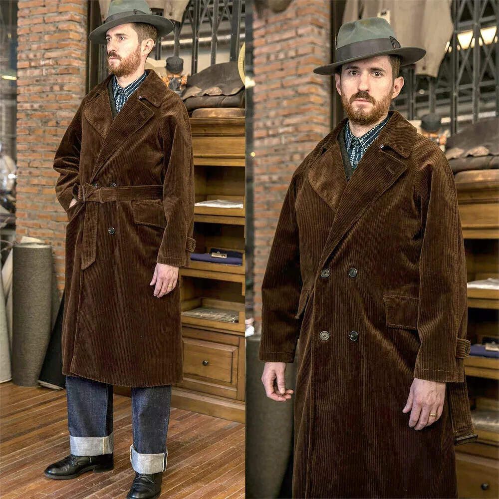 Men's Brown Corduroy Trench Overcoat Double-Breasted Hunting Jacket with Belt