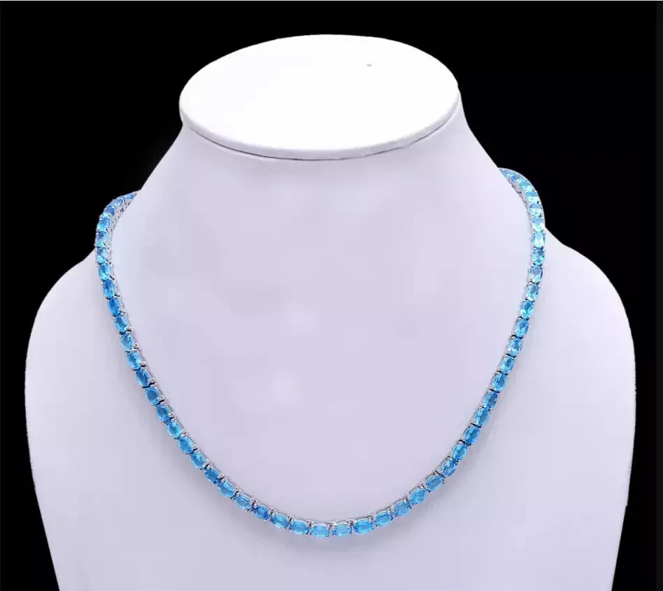 25CT Oval Lab-Created Blue Topaz Tennis Necklace in 14K White Gold Plated 18 Inch