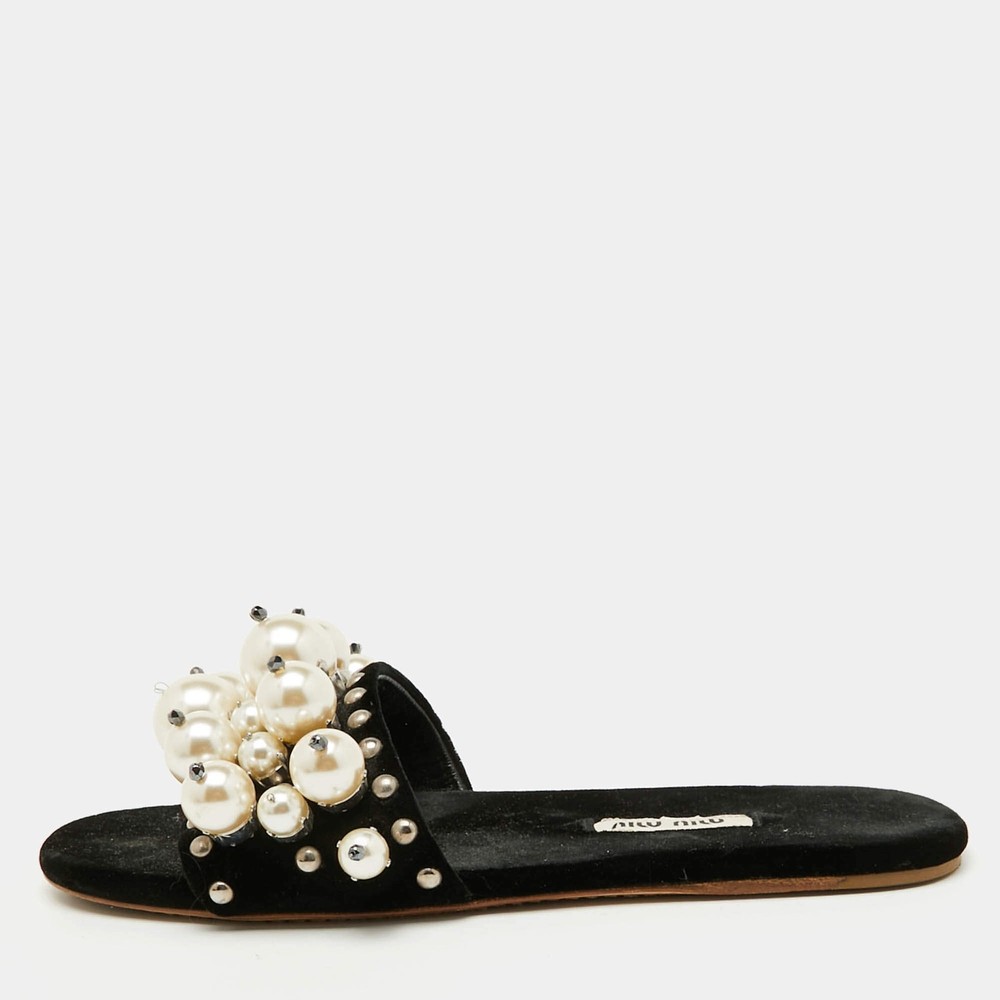Miu Miu Black Velvet Faux Pearl Embellished Flat Slide Sandals Size 36