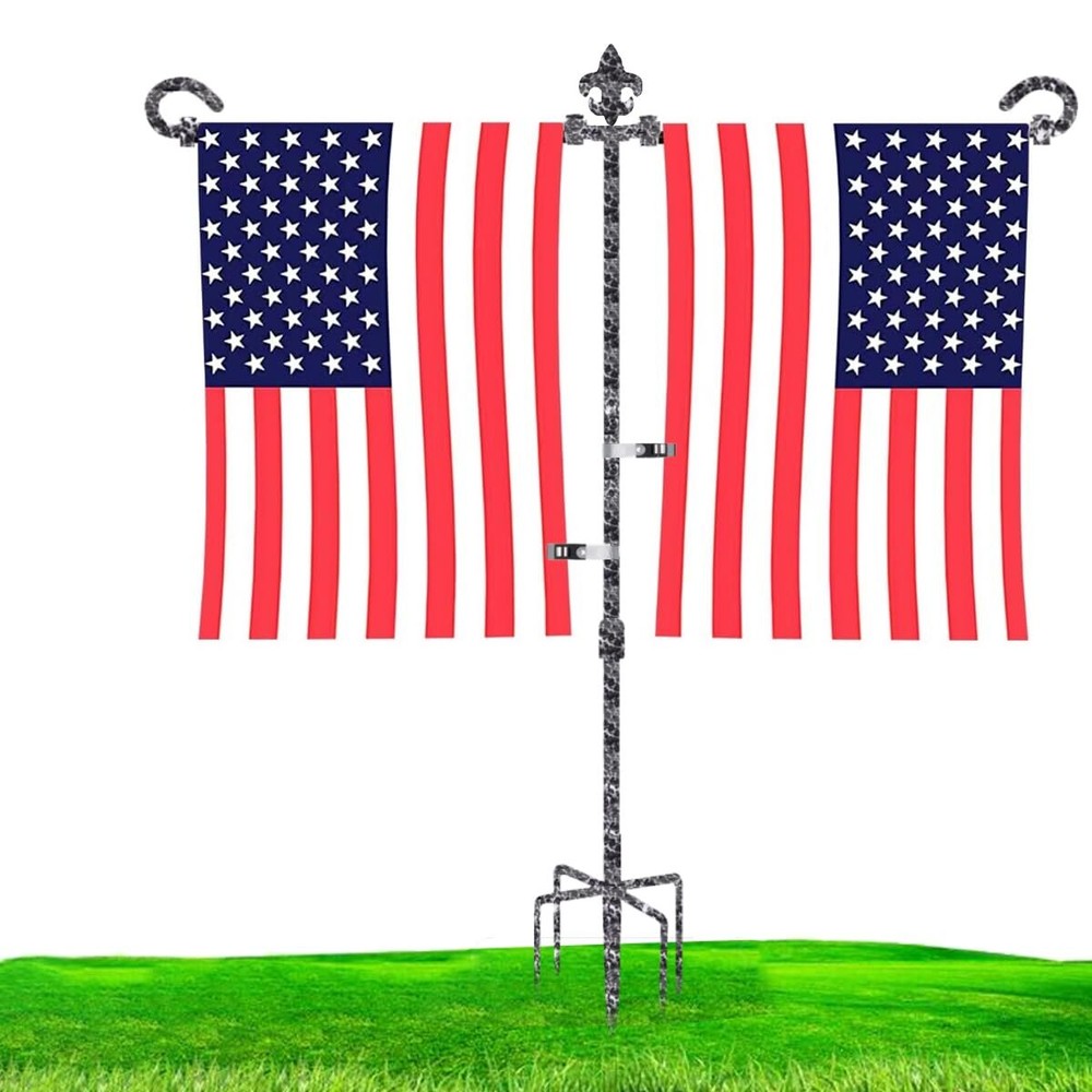 Garden Flag Stand Holder for Double Flags with Fleur De Lis Garden Flag Stopp...