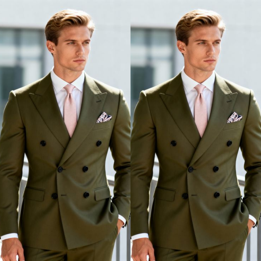 Olive Green Men's Suit Double Breasted Business Peak Lapel 2Pcs Tuxedo Jacket