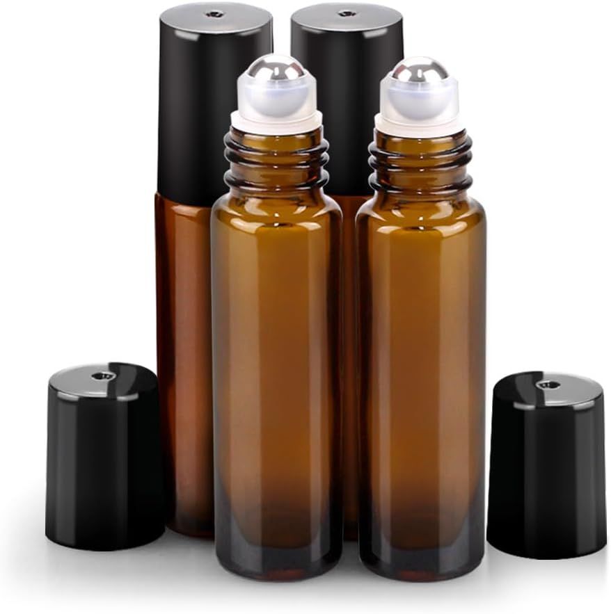 4 Pack 10ml Stainless Steel Amber Glass Essential Oil Roller Bottles