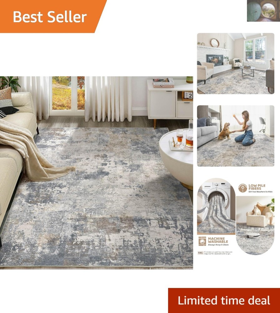 8x10 Non-Slip Washable Area Rug in Soft Blue Grey Abstract Design for Living Room
