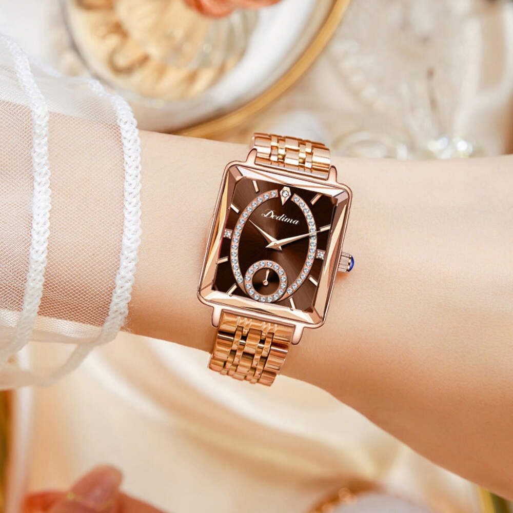 Stylish Rose Gold Square Women's Diamond Two-pin Casual Watch with Quartz Moveme