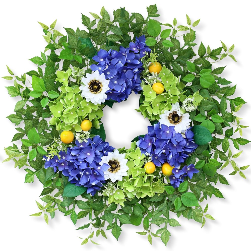 26 Inch Silk Hydrangea Wreath for Front Door Porch Window Decor