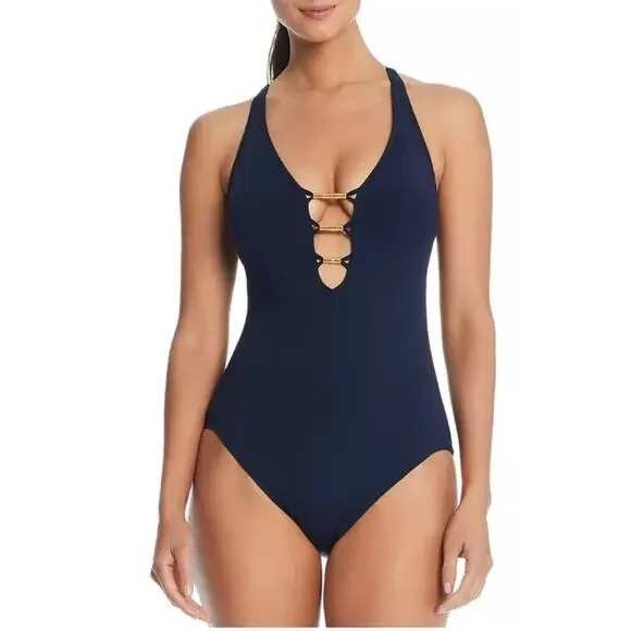 Bleu Rod Beattie One Piece Swimsuit Women 14 Blue Plunge Gold Hardware NWT