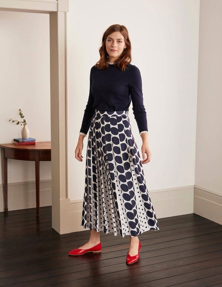 BODEN Philipa Midi Navy & White Polka Dot Pleat Skirt Size Uk 6