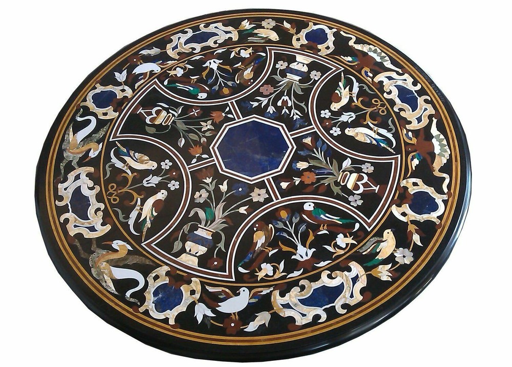 4' Black Marble Table Top Dining Coffee Room Decor Inlay Malachite Center Lapis