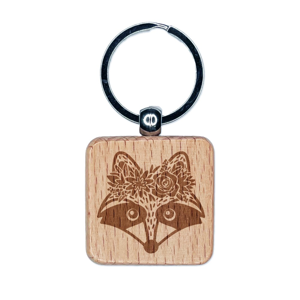 Raccoon Wearing a Flower Crown Engraved Wood Square Keychain Tag Charm
