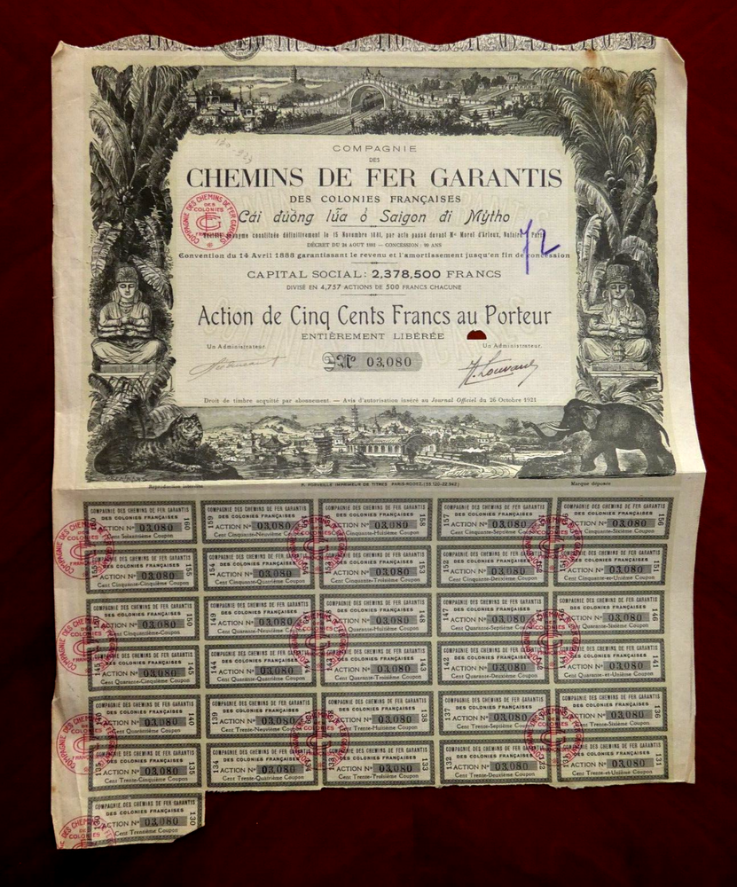 1921 French Colonies Guaranteed Railways 500 Fr Share Certificate