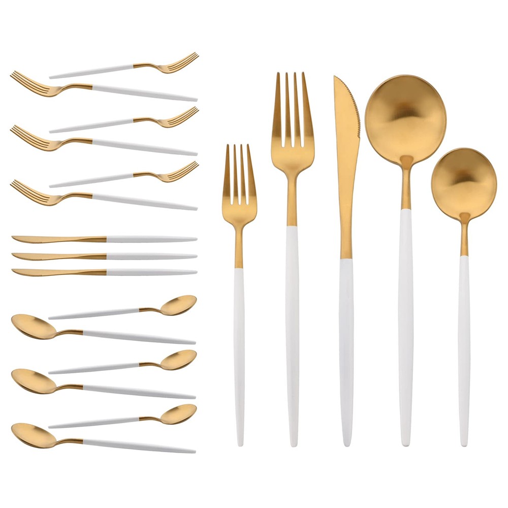 18/10 Stainless Steel Flatware Set with Matte White Handle and Gold Accents