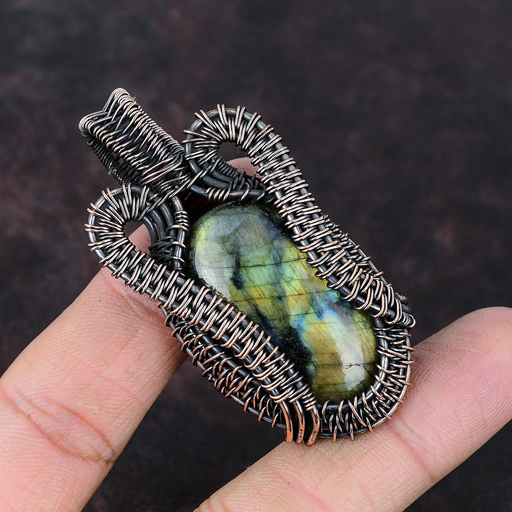 Mother's Day Sale Copper Oval Labradorite Wire Wrapped Pendant-image