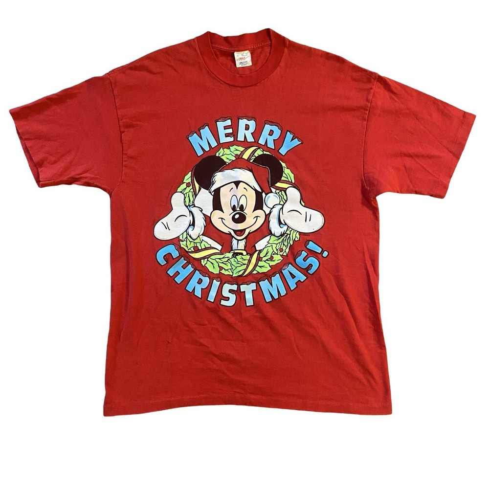 Vintage 90s Mickey Mouse Merry Christmas Santa Disney Single Stitch Shirt Sz XL