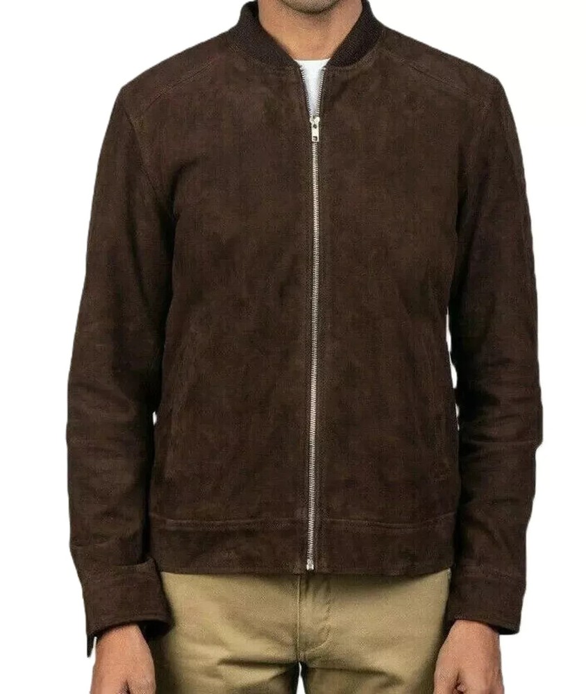 Men's 100% Genuine Suede Biker Jacket Brown Soft Leather Classic Bomber Jacket
