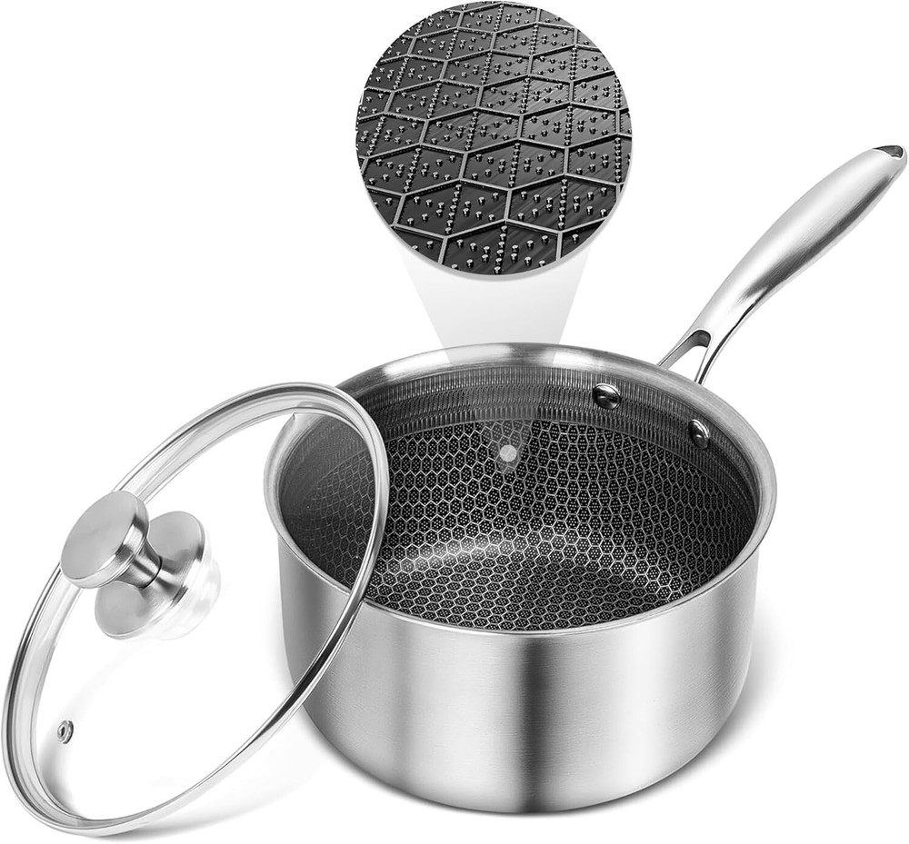 Induction-Ready Hybrid Nonstick 2 Quart Stainless Steel Saucepan with Glass Lid