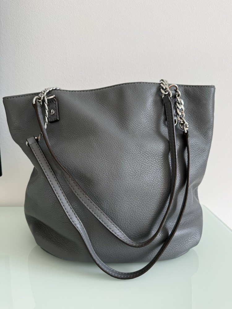 ✿ Michael Kors Gray Pebbled Leather Tote Bag Chain Strap Large Shoulder Bag