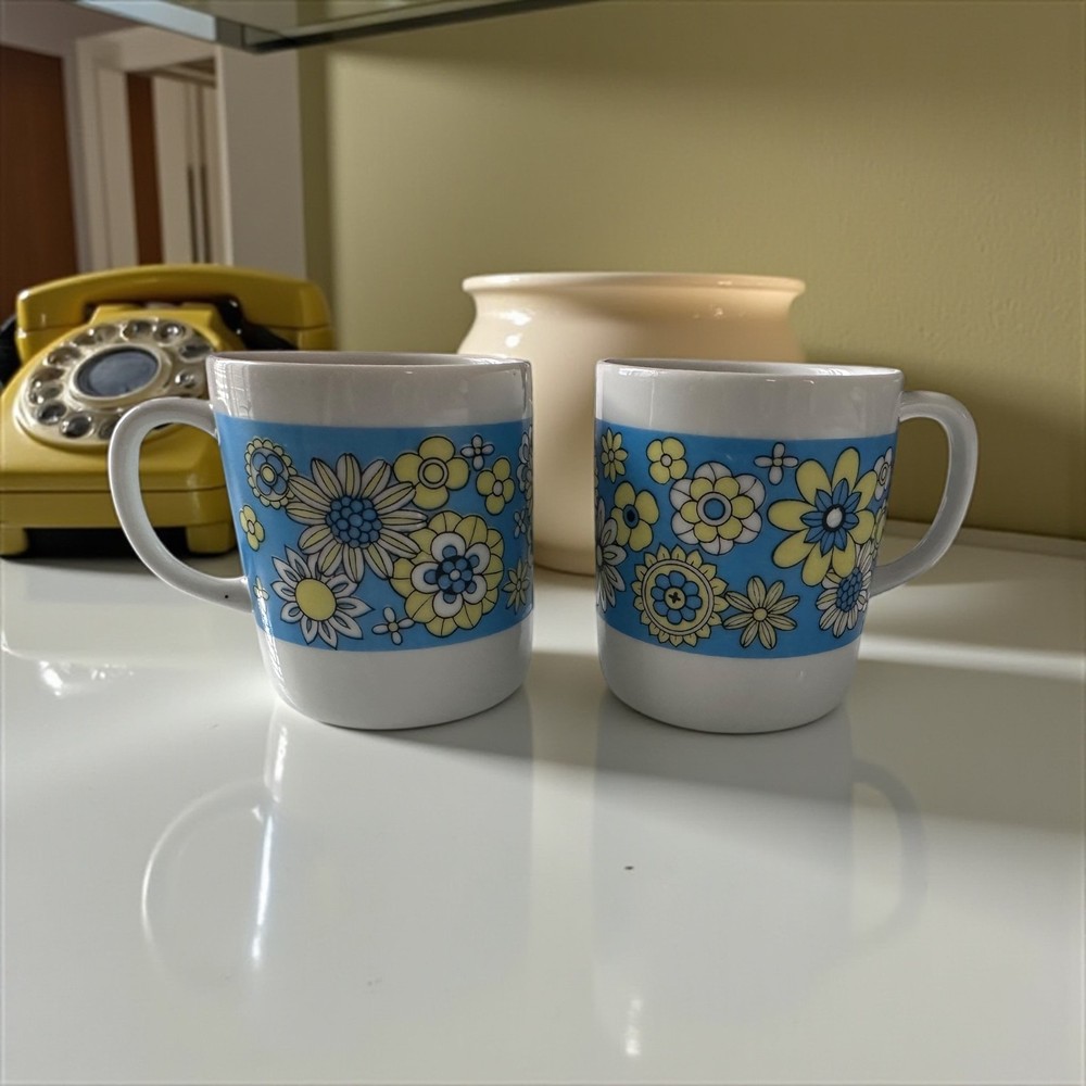 2 Vintage 1970s Floral Coffee Mugs Blue Yellow Daisy Mod Retro Flower Power