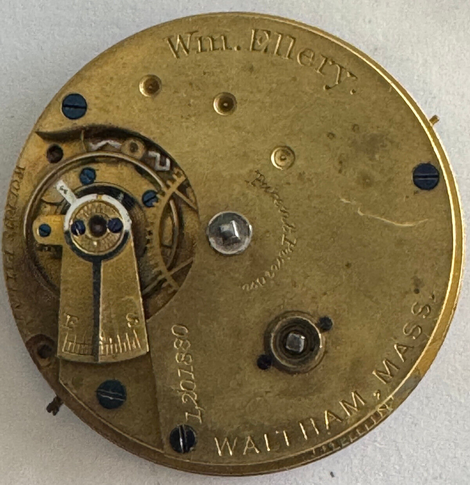 VINTAGE 8 SIZE WALTHAM POCKET WATCH MOVEMENT GR. WM. ELLERY M# 1873 RUNNING GOOD